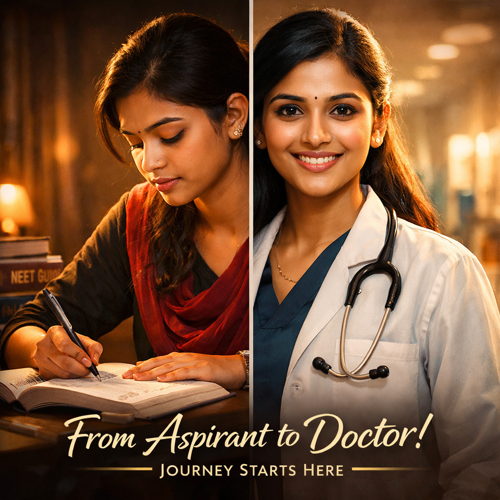 Medical student with stethoscope looking at digital tablet in a modern clinic